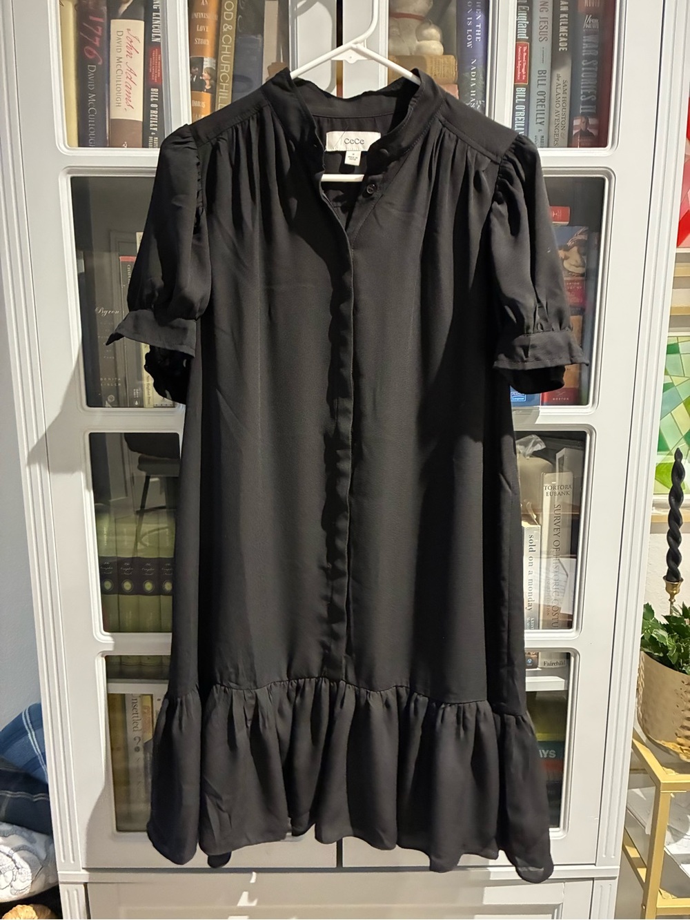 CeCe Black Ruffle-Hem Midi Shirt Dress